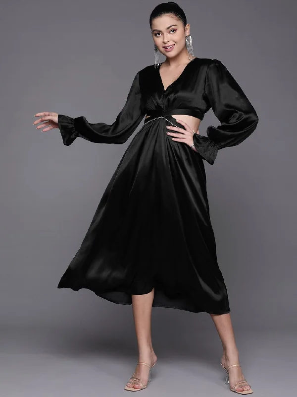 Dresses for wine tasting-Women Black Satin Cut Out Midi Dress