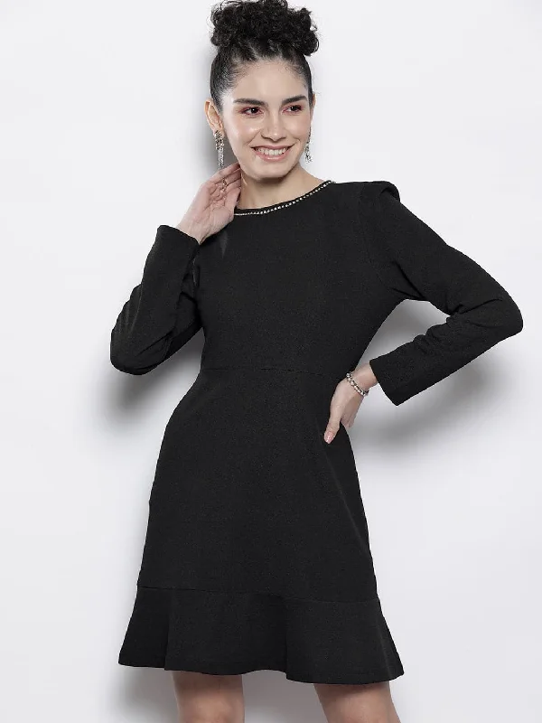 Dresses for social media-Women Black Frill Hem Knit Dress