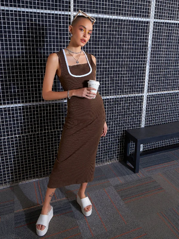 Dresses for solid color-Women Brown Rib Contrast Binding Back Slit Midi Dress