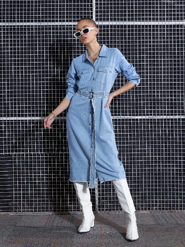 Dresses for history-inspired-Women Ice Blue Raw Edge Pocket Shirt Dress