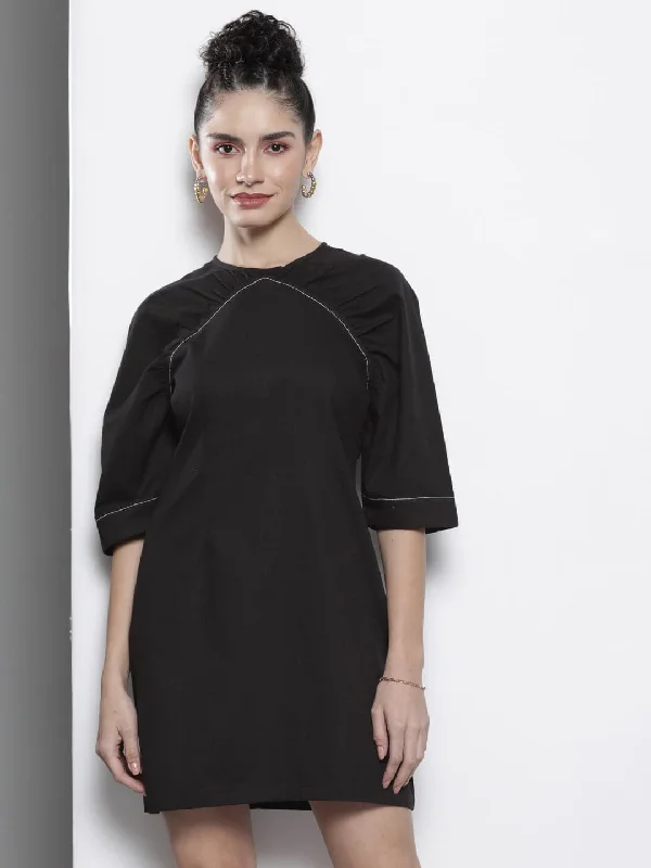 Dresses for YouTube-Women Black Twill Volume Shoulder Shift Dress