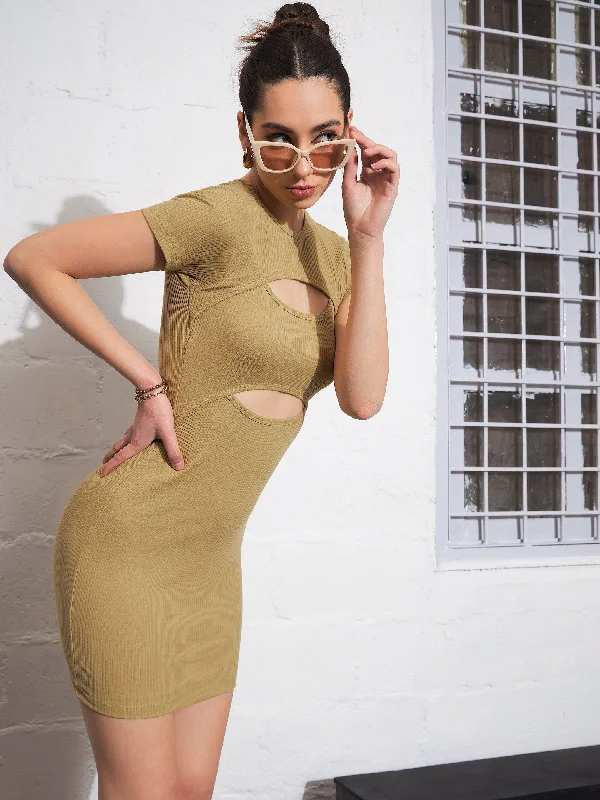 Dresses for empire waist-Women Khaki Rib Front Cut Out Bodycon Dress