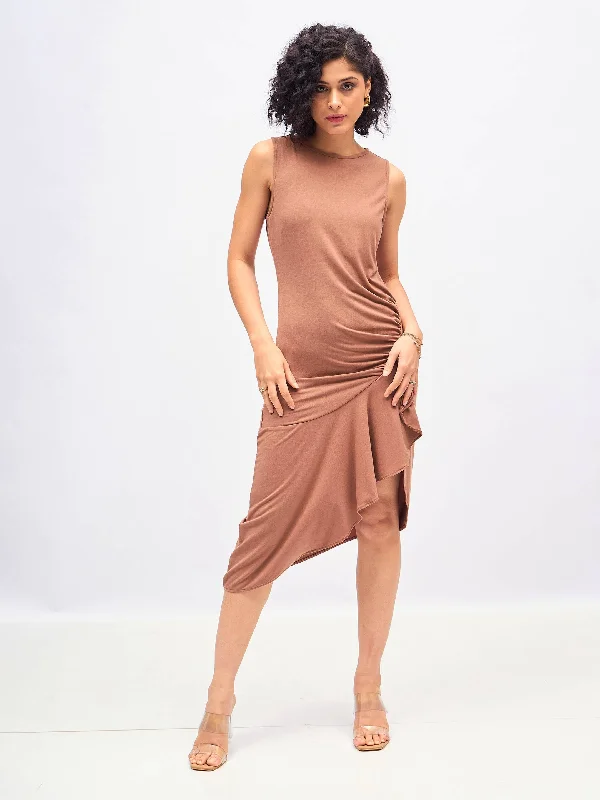 Dresses for minimalist style-Women Brown Box Back Cascade Ruffle Midi Dress