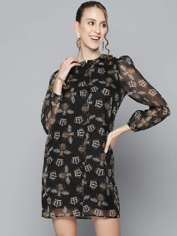 Dresses for futuristic-Women Black Beetle Print Collar Neck Shirt Dress