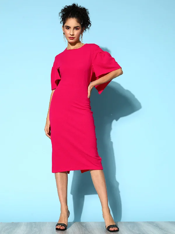 Dresses for toddlers-Women Fuchsia Frill Cape Bodycon Dress