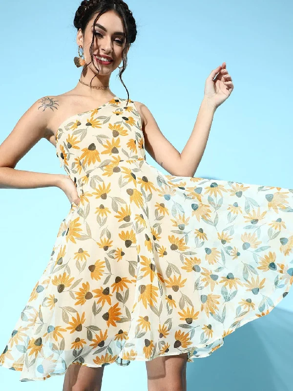 Dresses for spring-Yellow Floral Organza One Shoulder Dress