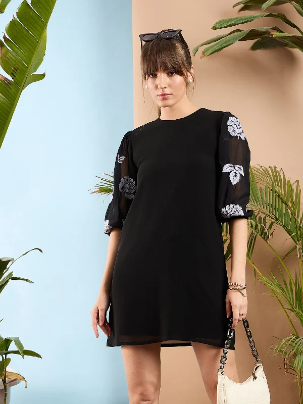 Dresses for unique pattern-Women Black Embroidered Puff Sleeves Dress