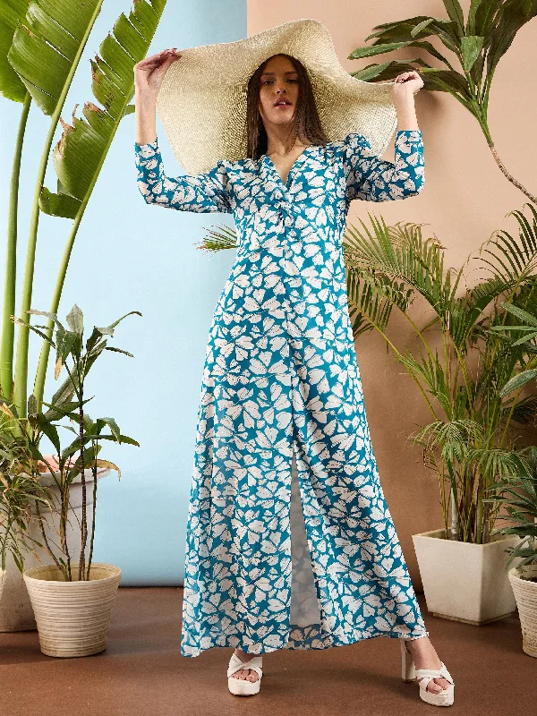 Dresses for legendary-Women Blue Floral Front Twisted Maxi Dress