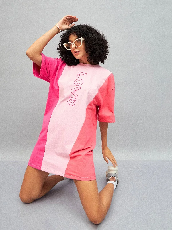 Dresses for farewell-Women Pink LOVE ColorBlock T-Shirt Dress