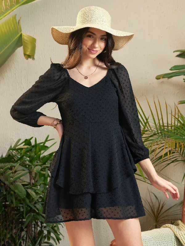 Dresses for Easter-Women Black Dobby Sweetheart Neck Layered Hem Dress