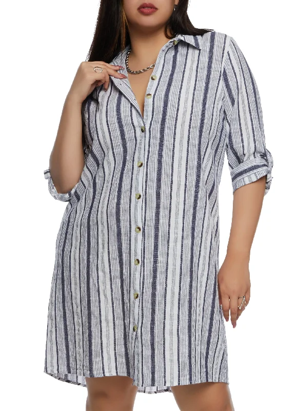 Dresses for plus size-Plus Size Striped Button Down Shirt Dress