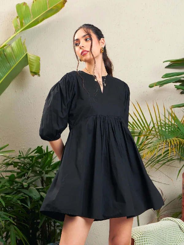 Dresses for lace detail-Women Black Poplin Puff Sleeves Gathered Dress