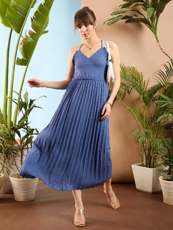 Dresses for classic charm-Women Blue Strappy Pleated Maxi Dress