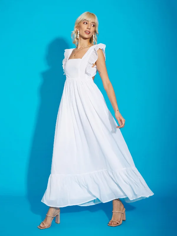 Dresses for passed-down-Women White Square Neck Frill Hem Maxi Dress