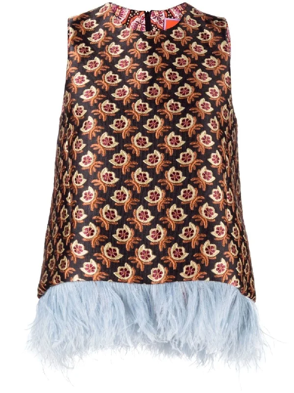 Sleeveless Print Top with Feathers