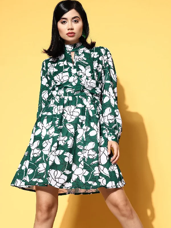 Dresses for clearance-Women Emerald Green & White Floral Cuff Sleeves Dress