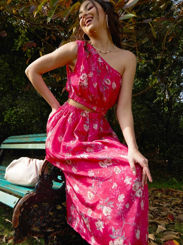 Dresses for prom-Women Pink Floral Chinon One Shoulder Side Cut-Out Dress