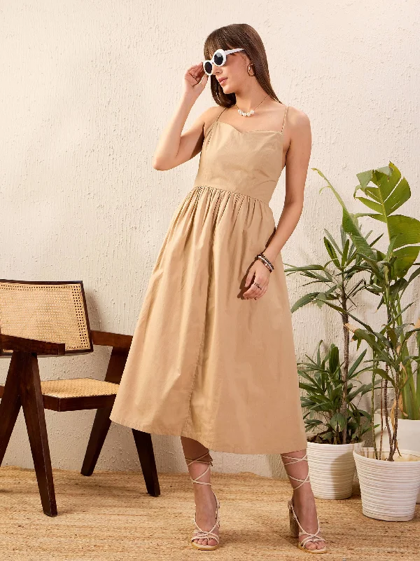 Dresses for futuristic-Women Beige Strappy Back Tie Midi Dress