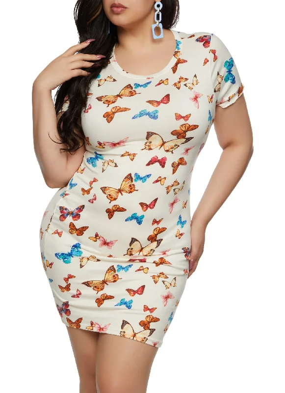 Dresses for knee length-Plus Size Butterfly Printed T Shirt Dress