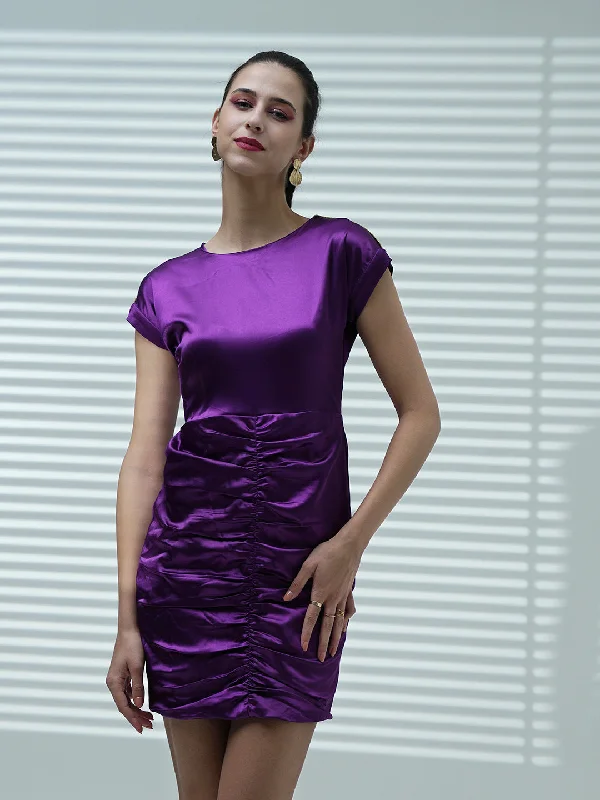 Dresses for group outing-Women Purple Lycra Satin Ruched Mini Dress