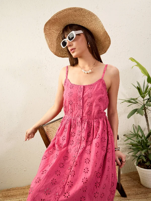 Dresses for crafted look-Women Pink Schiffli Strappy Midi Dress