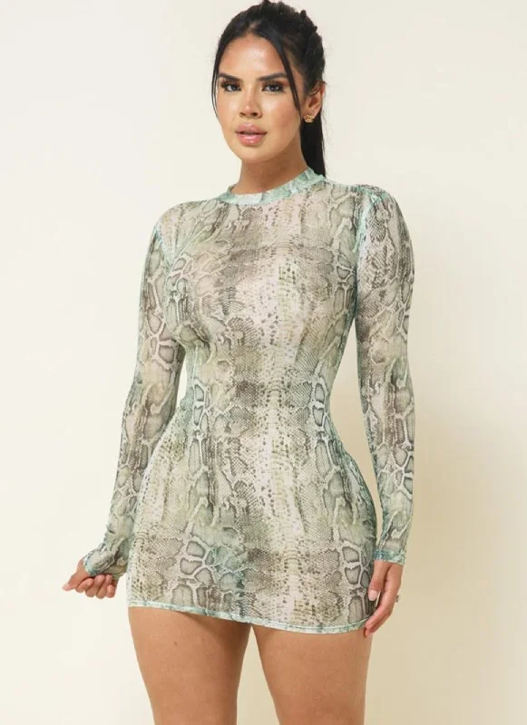 Dresses for promotion-Snakeskin Print Mesh Long Sleeve Dress