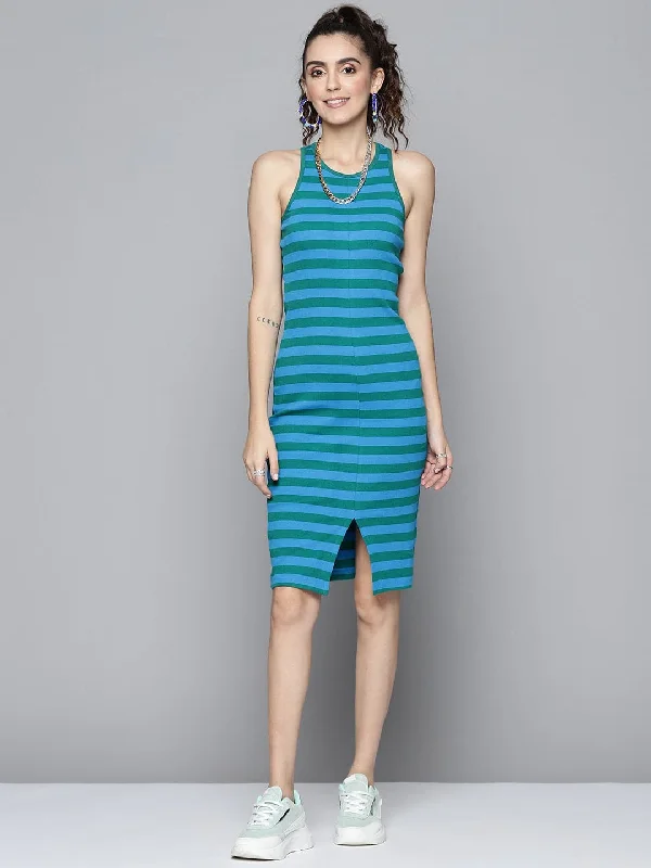 Dresses for rebooted-Women Green & Blue Rib Box Back Bodycon Dress