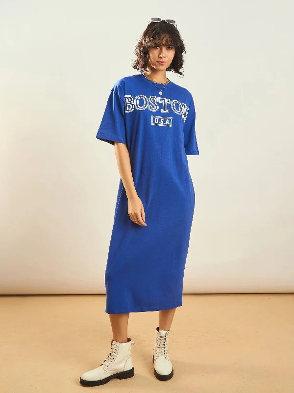 Dresses for family heir-Women Royal Blue BOSTON Printed T-Shirt Dress