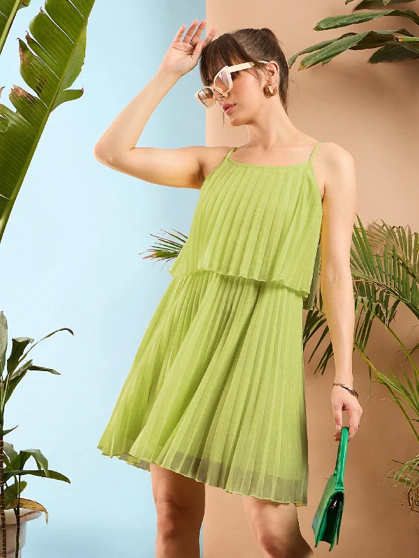 Dresses for punk-Women Mint Green Pleated Short Strappy Skater Dress