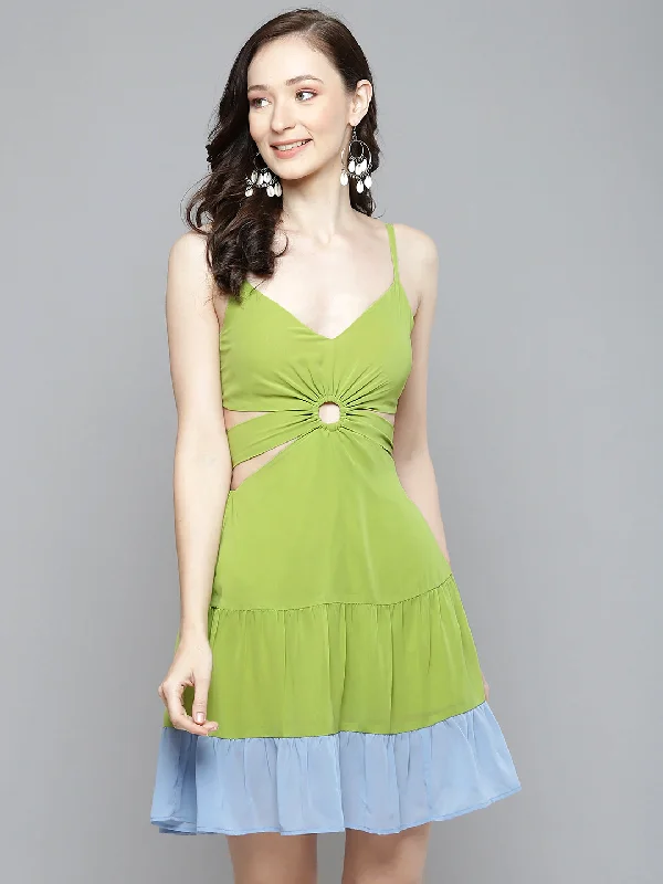 Dresses for century style-Women Blue & Lime Green Side Cut-Out Short Dress