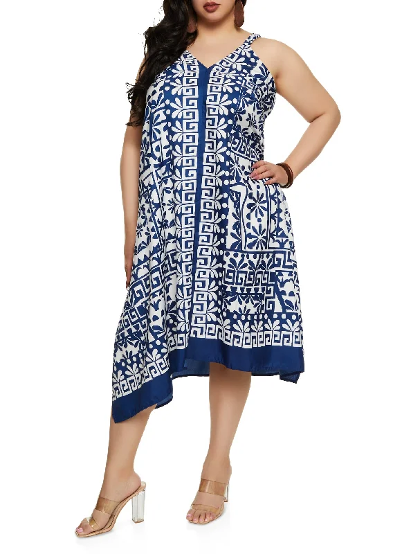 Dresses for wide straps-Plus Size Border Print V Neck Maxi Dress