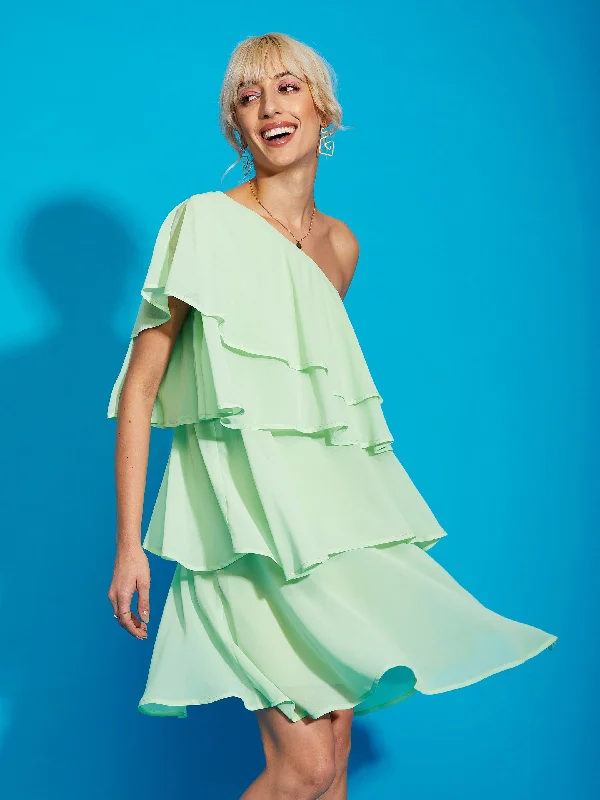 Dresses for artisanal-Women Pista Green One Shoulder Layered Short Dress