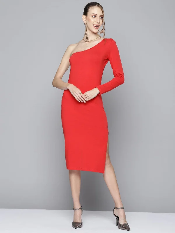 Dresses for redesigned-Women Red One Shoulder Bodycon Dress