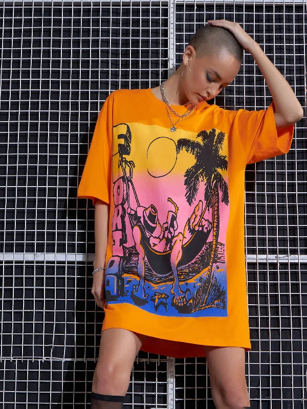 Dresses for one-shoulder-Women Orange FLORIDA Printed Oversized T-Shirt Dress