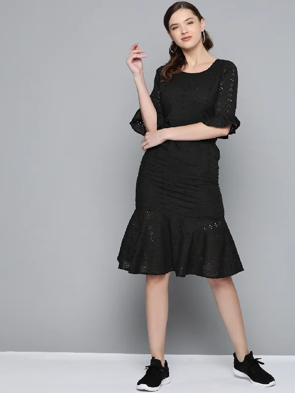 Dresses for Christmas-Black Schiffli Frill Hem Midi Dress