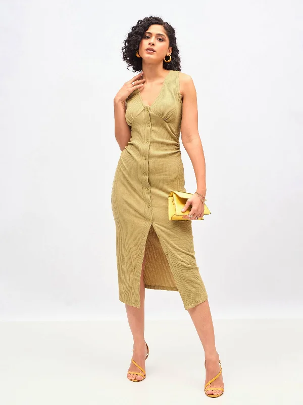 Dresses for plaid design-Women Khaki Rib Front Button Bodycon Midi Dress