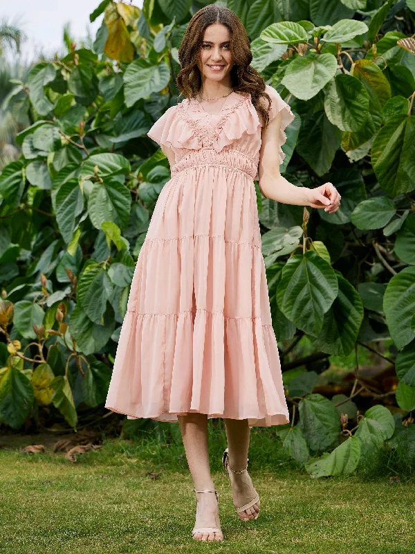 Dresses for pin-up-Women Nude Frilly Tiered Midi Dress