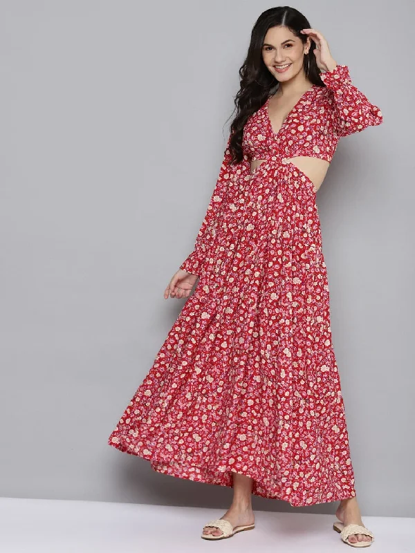 Dresses for collector’s item-Women Red Ditsy Floral Waist Cut-Out Maxi Dress