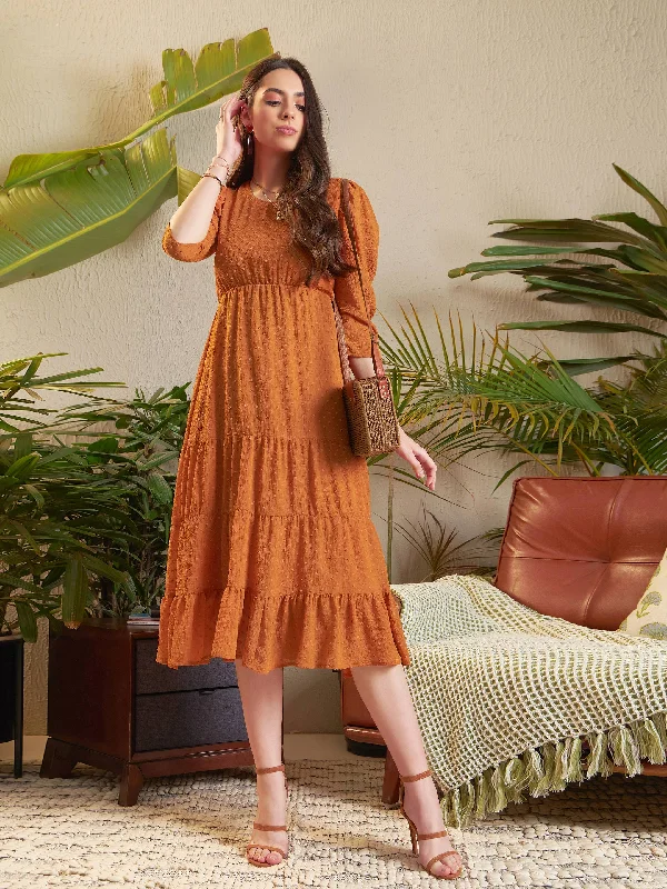 Dresses for anniversary-Women Rust Dobby Tiered Midi Dress