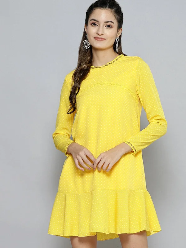 Dresses for store stock-Women Yellow Pin Dot Frill Hem Dress