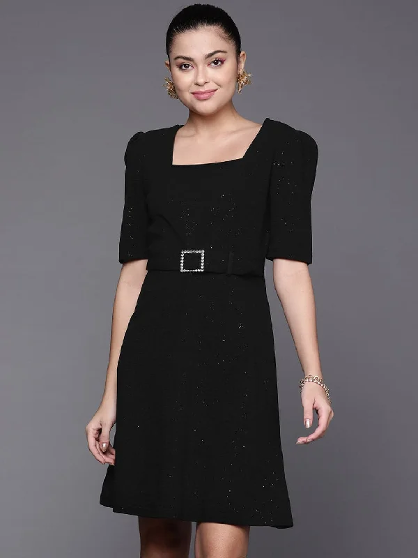 Dresses for flea market-Women Black Shimmer Square Neck A-Line Belted Dress