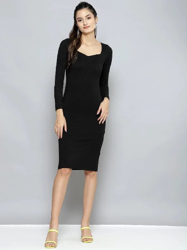 Dresses for new arrival-Women Charcoal Rib Sweetheart Neck BodyCon Midi Dress