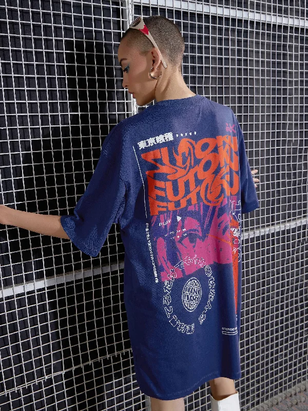 Dresses for round neck-Women Navy FUTOKU Printed Oversized T-Shirt Dress