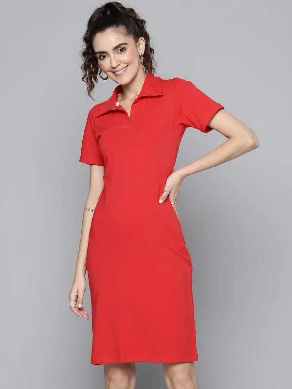 Dresses for subtle update-Women Red Polo Neck Bodycon Dress