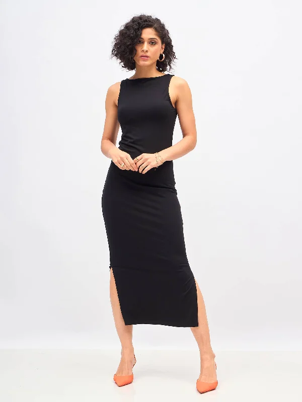 Dresses for work-Women Black Boat Neck Bodycon Jersey Maxi Dress