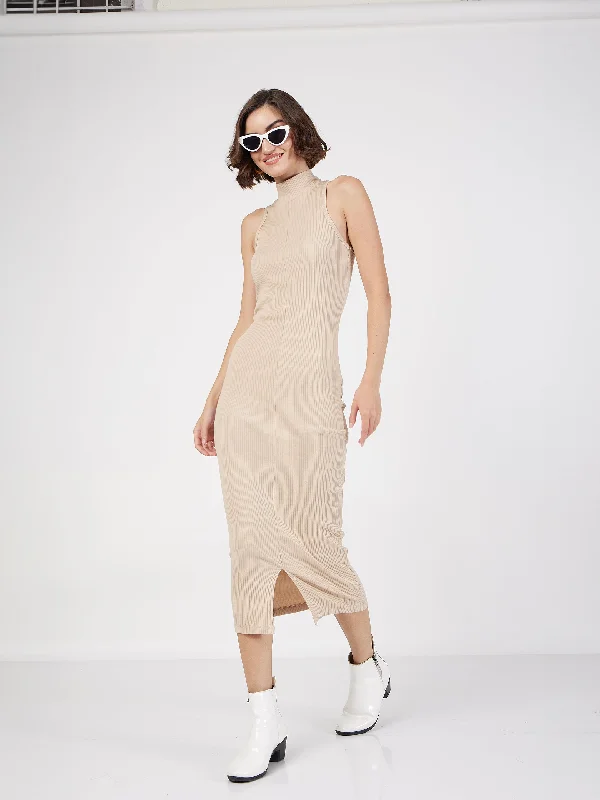 Dresses for food festival-Women Beige Rib Turtle Neck Sleeveless Midi Dress