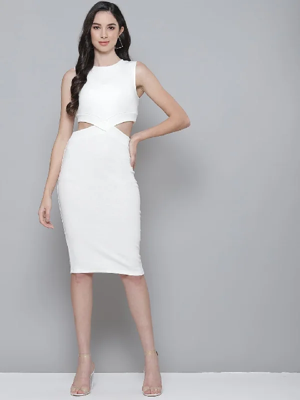 Dresses for black tie event-White Rib Side Cut-Out Bodycon Dress