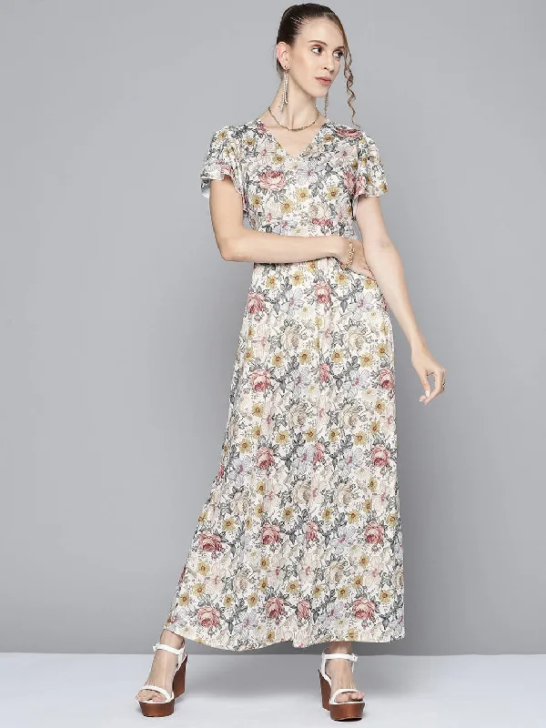 Dresses for creative flair-Women Off White Floral Back Cut Out Maxi Dress