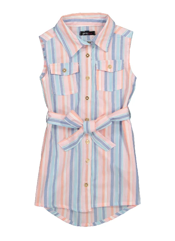 Dresses for new arrival-Little Girls Striped Tie Waist Shirt Dress