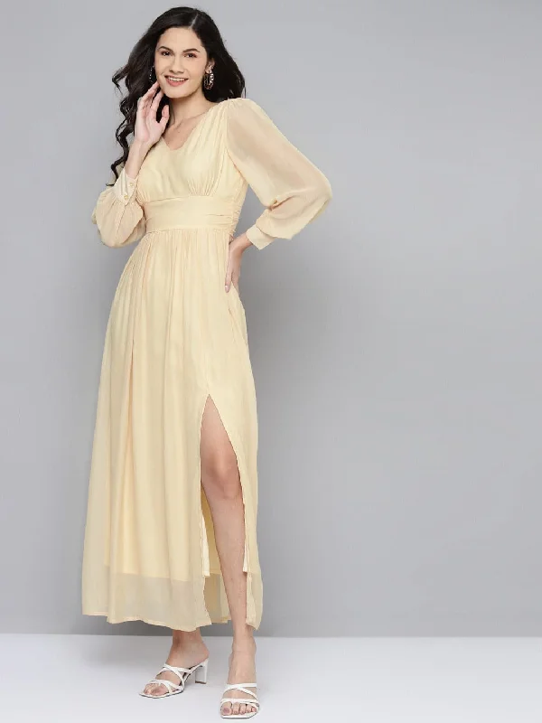 Dresses for one-of-a-kind-Women Beige V-Neck Maxi Dress